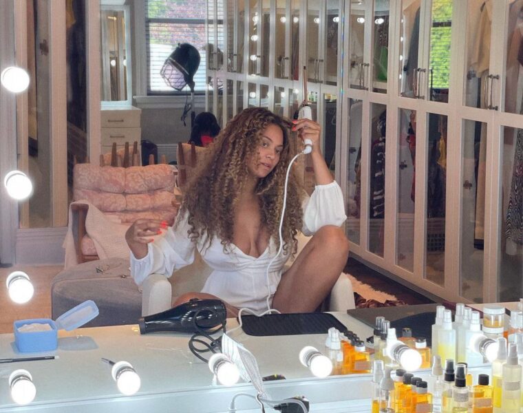 Beyonce doing her hair after skincare routine