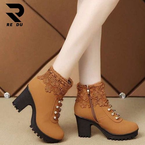 Juebong Ankle Booties Retro Chunky High Heel