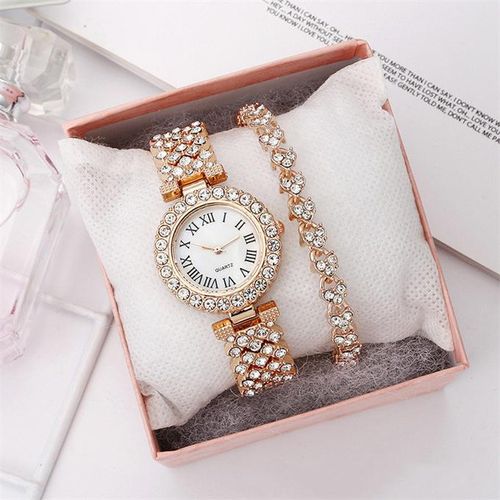 2-in-1 Rose Gold Quartz Watch Rose Gold Diamond Bracelet