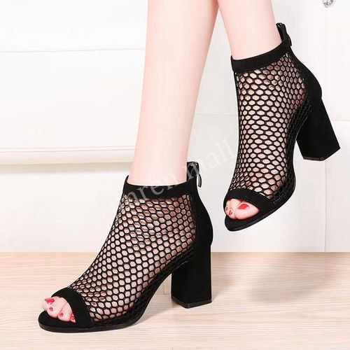 Oceansee Black Lace Toe Mesh Heel Boots