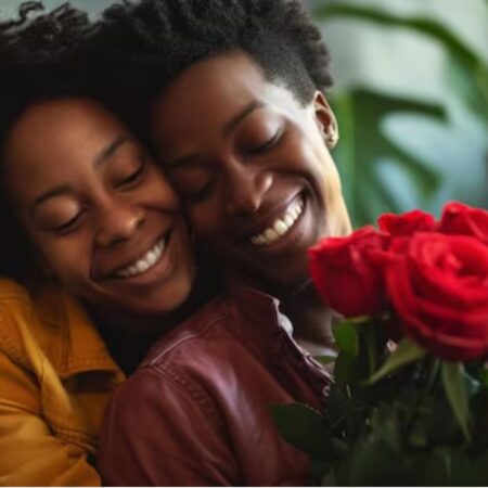 Joyful woman receiving a fresh bouquet of twelve red roses as a romantic surprise gift."