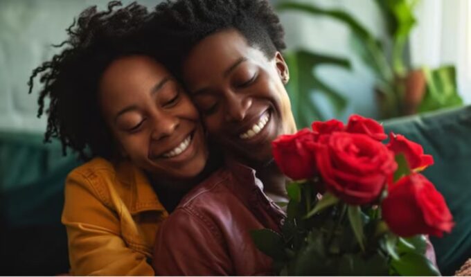 Joyful woman receiving a fresh bouquet of twelve red roses as a romantic surprise gift."