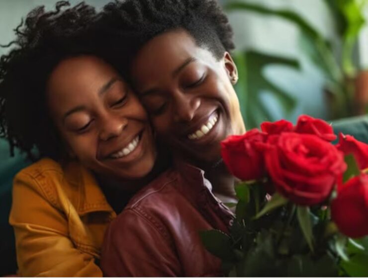 Joyful woman receiving a fresh bouquet of twelve red roses as a romantic surprise gift."