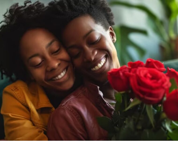 Joyful woman receiving a fresh bouquet of twelve red roses as a romantic surprise gift."